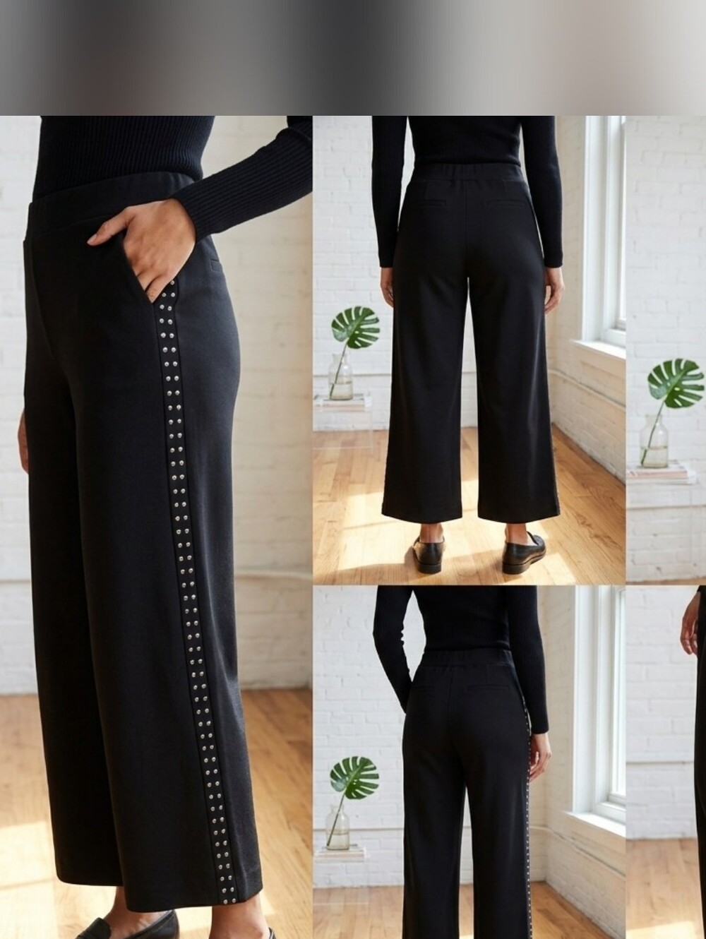 LYSSE Black Studded Wide Leg Crop Pants Size S Elastic Waist Pull On